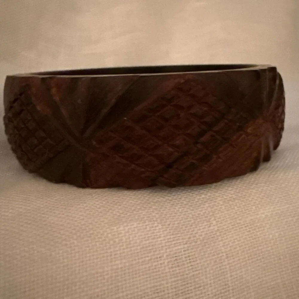 Vintage Carved Wood‎ Bangle Bracelet Wide Dark Brown Chunky Mid Century